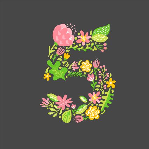 Bloemen zomer nummer 5 vijf. Bloem Hoofdstad bruiloft alfabet. Kleurrijke lettertype met bloemen en bladeren. Vector illustratie Skandinavische stijl