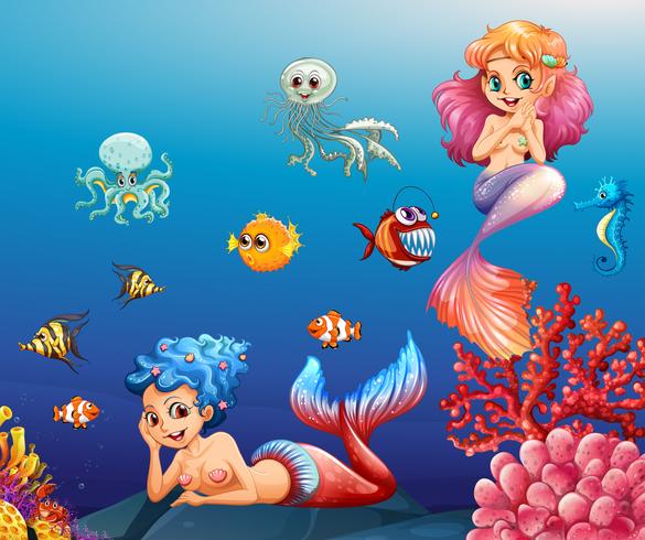 Twee mooie zeemeerminnen en zeedieren onderwater vector