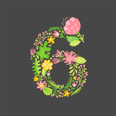 Bloemen zomer Nummer 6 zes. Bloem Hoofdstad bruiloft alfabet. Kleurrijke lettertype met bloemen en bladeren. Vector illustratie Skandinavische stijl