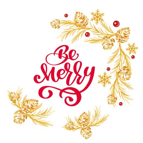 De Kerstmistekst is Vrolijke rode hand geschreven inschrijving met gouden boom en kegelkroon op witte achtergrond vector