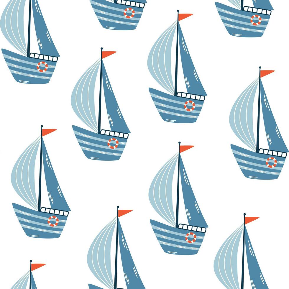 boten naadloos patroon. marinier thema. modieus patroon van schattig schepen, zeilboot voor omhulsel papier, behang, stickers, notitieboekje omslag. zee afdrukken. vector tekenfilm backdrop illustratie.