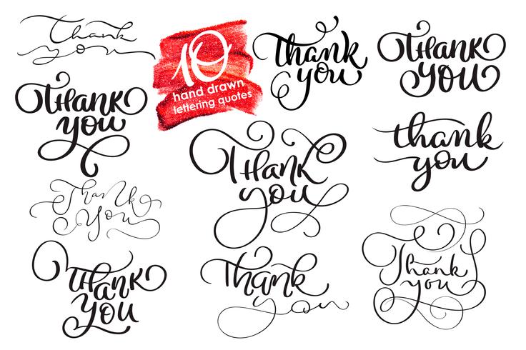 Set van tien handgeschreven teksten met kalligrafie, bedankt Dank u. handgemaakte vectorillustratie vector