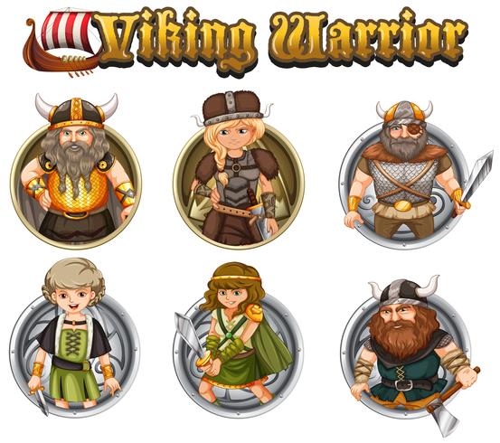 Viking krijgers op ronde insignes vector