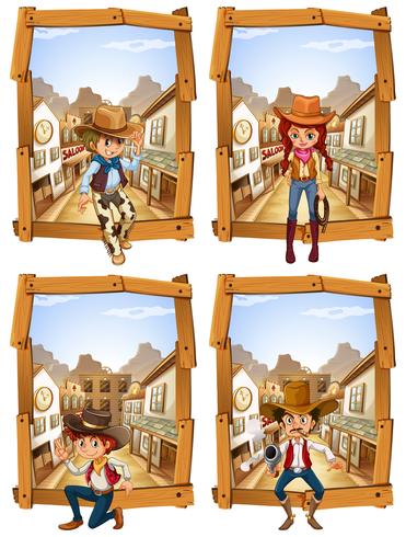 Vier scènes van cowboys en cowgirl vector