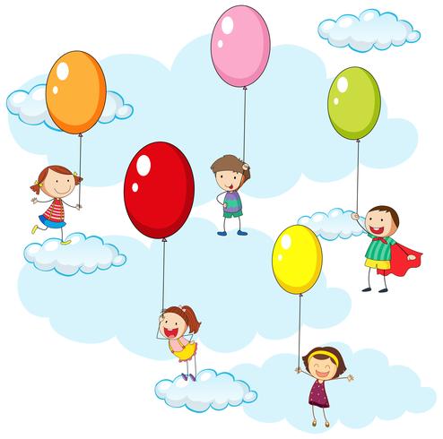 Kinderen en kleurrijke ballonnen in de lucht vector