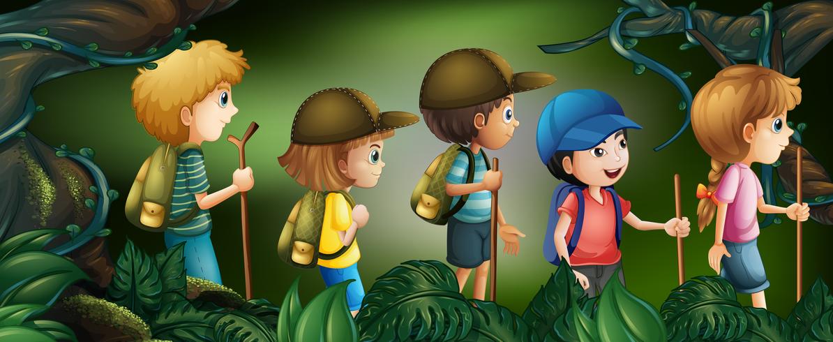Vijf kinderen wandelen in het bos vector