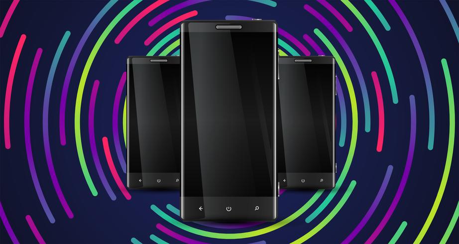 Drie realistische cellphones met een kleurrijke achtergrond, vectorillustratie vector