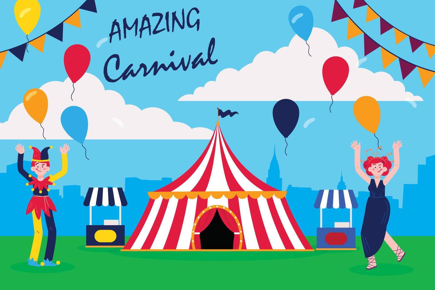 circus tent of carnaval tent met groen grond en blauw lucht achtergrond. vector