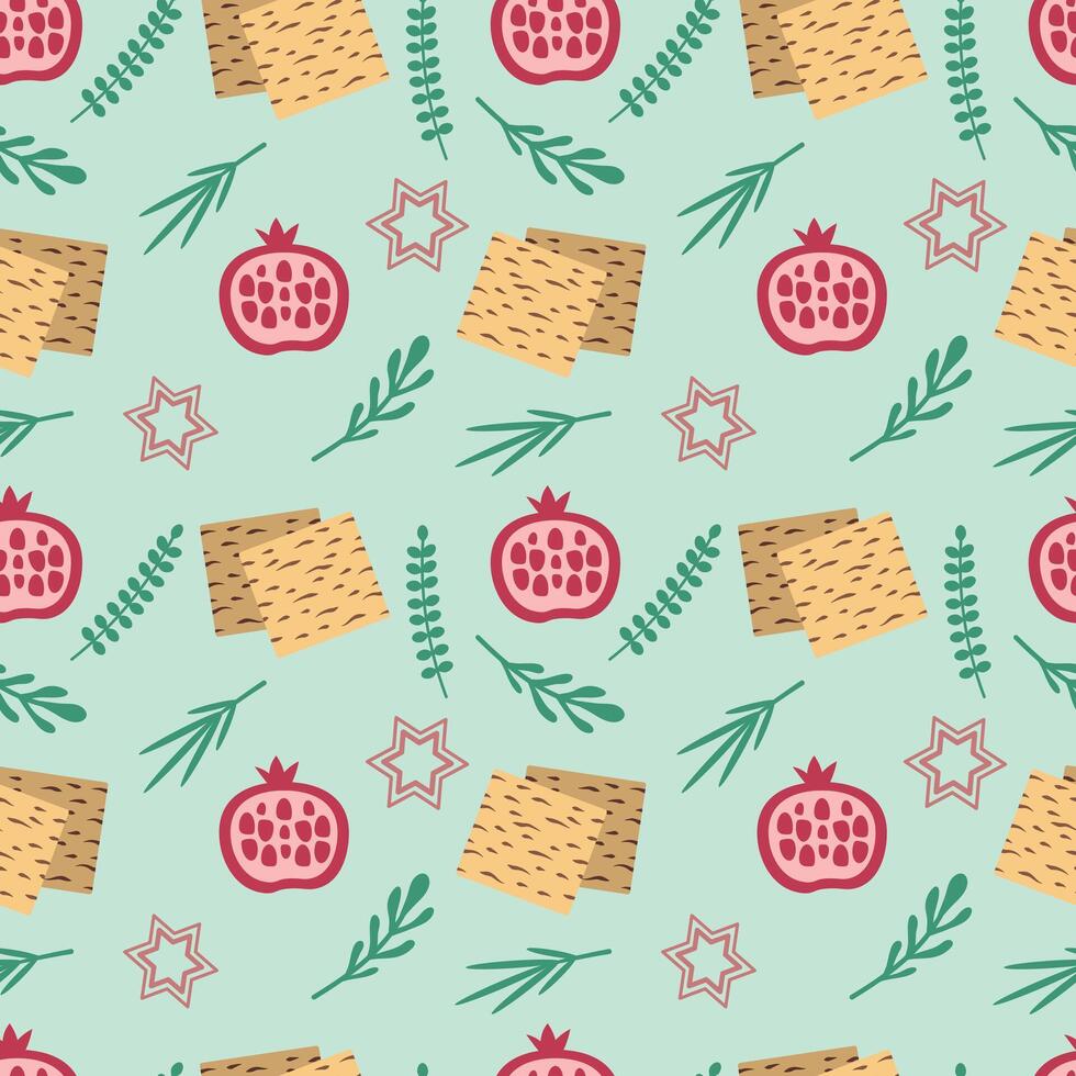 Pascha naadloos patroon met matze, granaatappel, planten. vector illustratie. voor verpakking, omhulsel papier, textiel, kaarten, achtergrond.