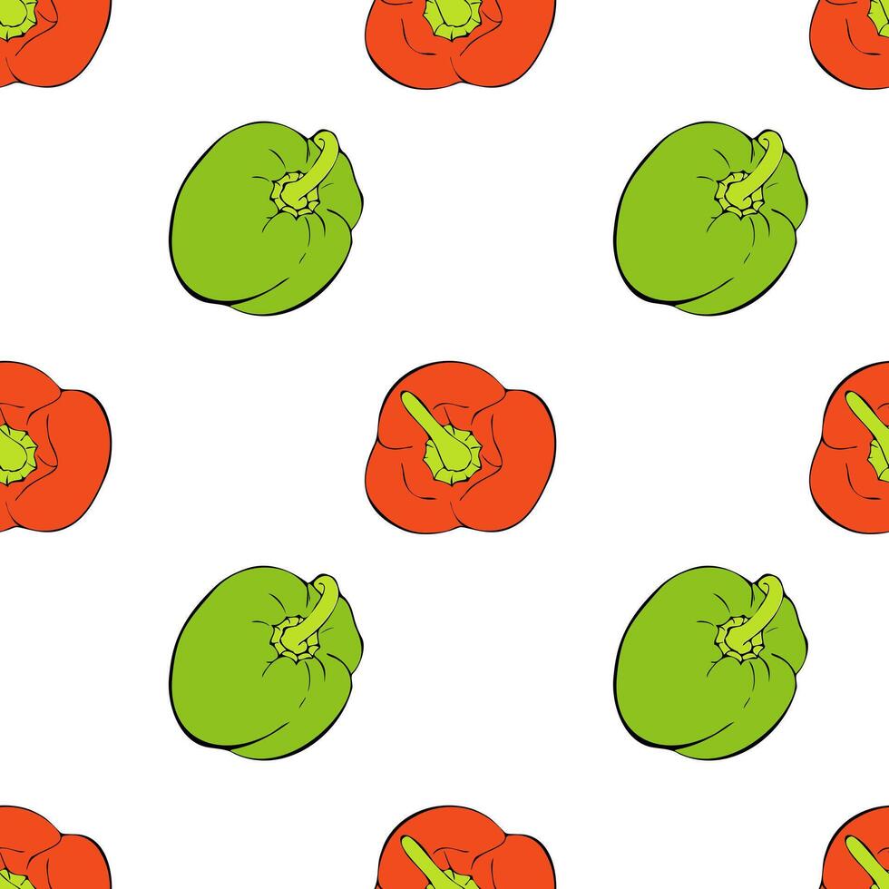 paprika's patroon Aan wit achtergrond met rood en groen zoet klok pepers, hand- getrokken schets schetsen. vector