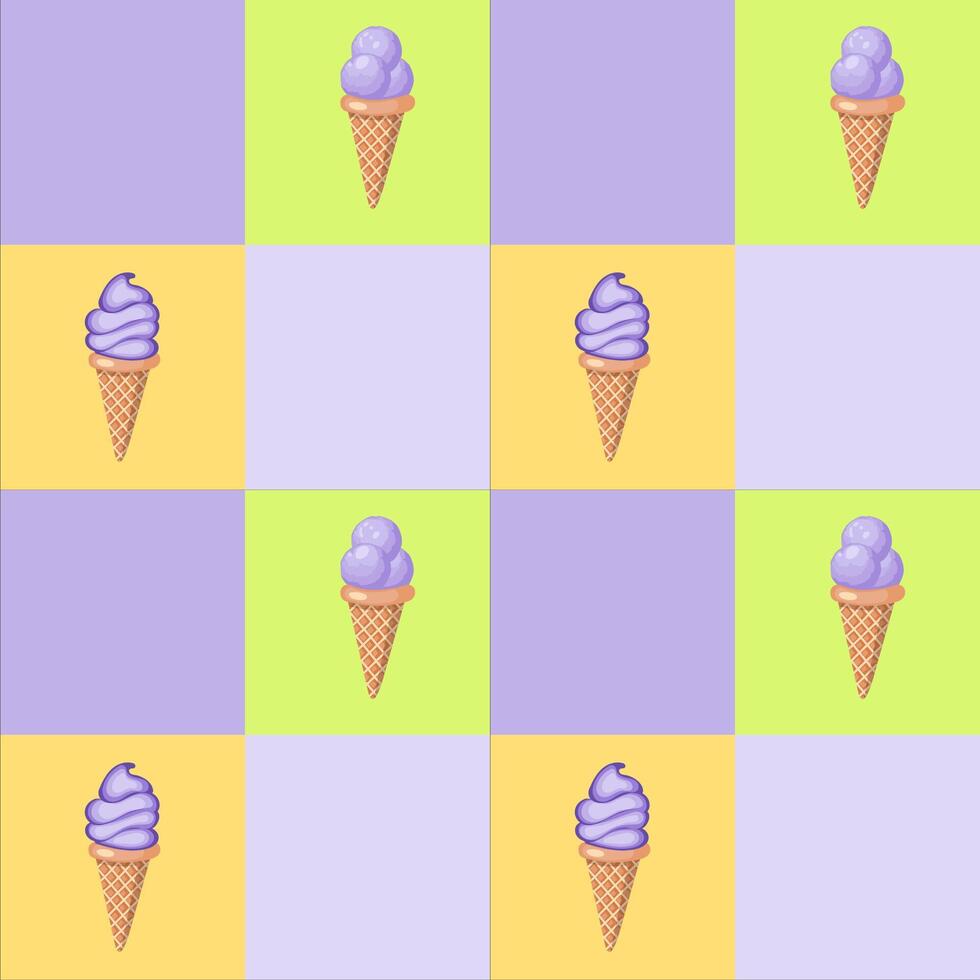 lavendel ijs room. drie scheppen van romig zoet toetje in een wafel ijshoorntje. Purper sorbet. naadloos patroon. vector illustratie.