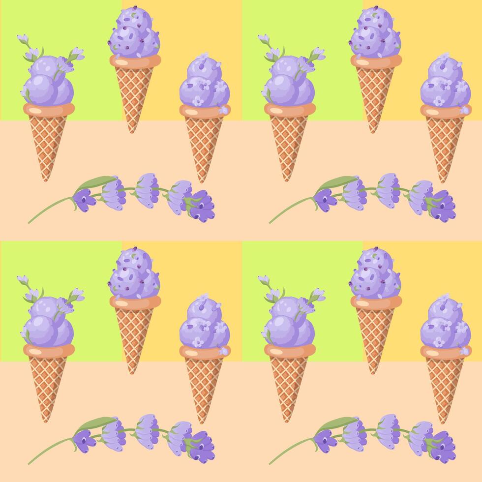 lavendel ijs room. drie scheppen van romig zoet toetje in een wafel ijshoorntje. Purper sorbet. naadloos patroon. vector illustratie.