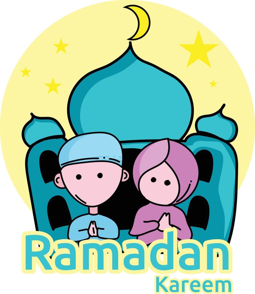 Ramadan kareem sticker sjabloon. schattig moslim paar in voorkant van moskee vector illustratie