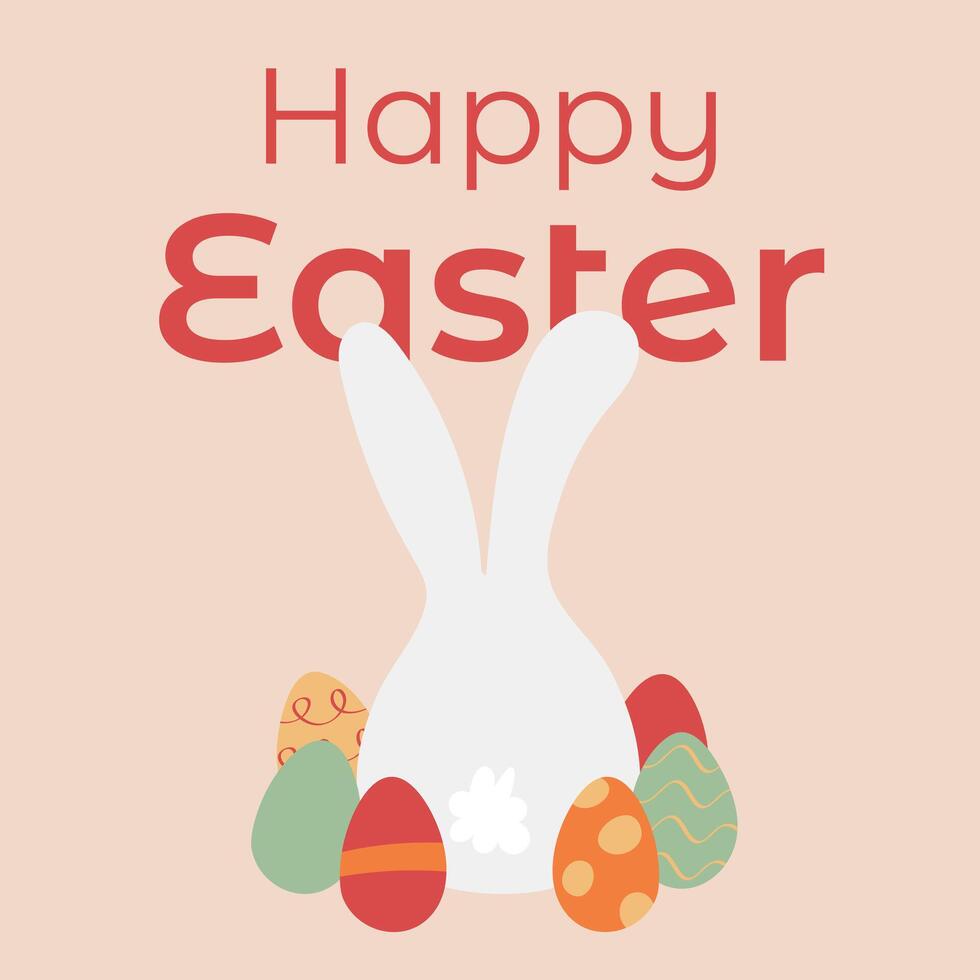 wit konijn in de omgeving van Pasen eieren illustratie. Gefeliciteerd gelukkig Pasen. de haas zit Aan haar rug. gekleurde en gevormde eieren. vector illustratie