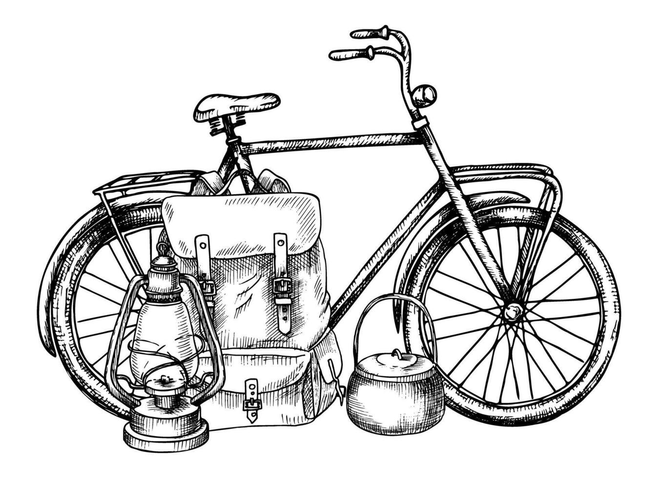 fiets met camping apparatuur. vector illustratie van fiets met rugzak in lijn kunst stijl. monochroom hand- getrokken tekening van sport voorwerpen voor avontuur. etsen voor wandelen geschilderd door zwart inkten