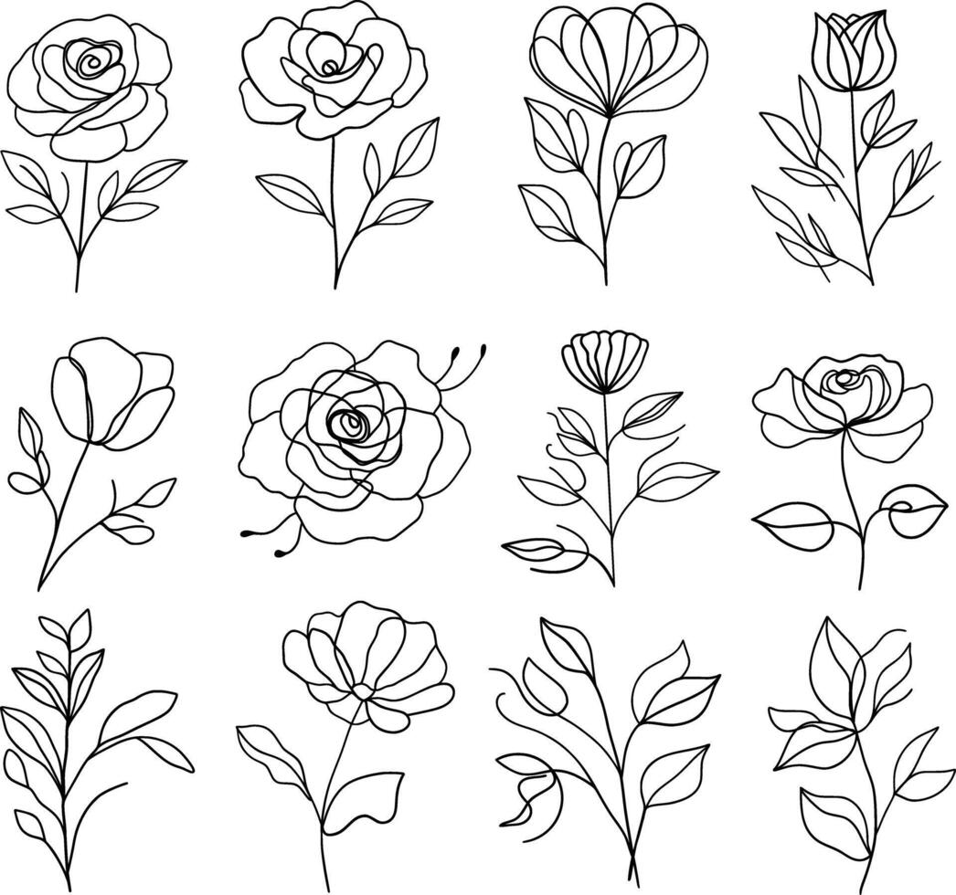 reeks van zwart en wit rozen en bladeren. vector pictogrammen van een lijn kunst bloemen. doorlopend mono lijnen rozen, bladeren, takken. bloesem logo's. gemakkelijk schetsen, zwart en wit