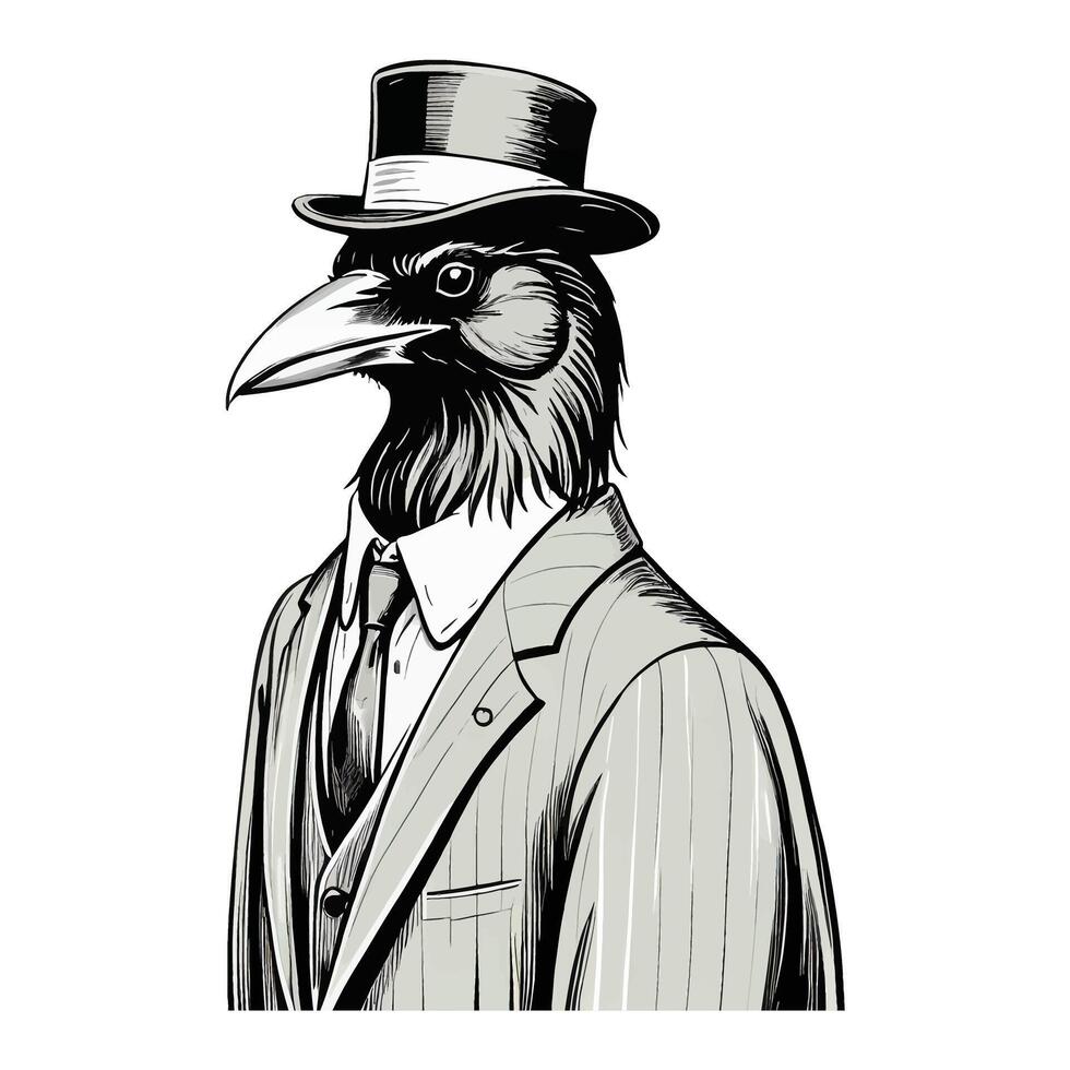 zwart kraai vogel vervelend bedrijf suite en hoed oud retro wijnoogst gegraveerde inkt gekleurde schetsen hand- getrokken lijn kunst vector