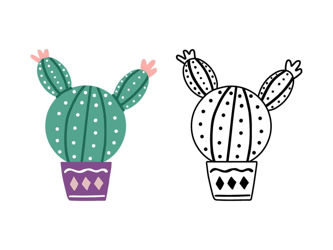 een reeks van hand getekend schets en gekleurde vector cactussen geïsoleerd Aan wit achtergrond. tekening en vlak stijl illustraties van doornig planten, bloeiend cactus, sappig planten in keramisch potten. huis planten