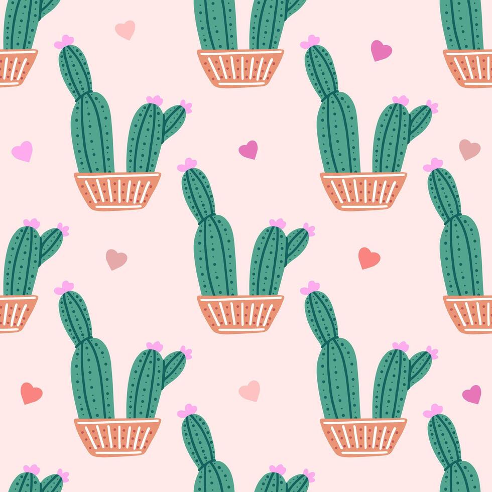 hand getekend vector naadloos patroon van cactus. vlak stijl illustratie van doornig plant, bloeiend cactus, sappig fabriek in kleurrijk keramisch pot. huis plant, Mexico cactus bloem.