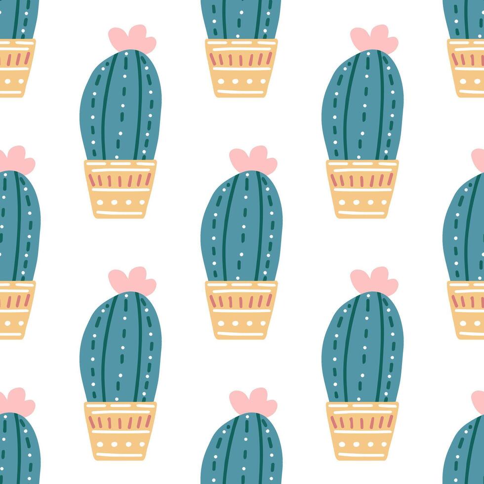 hand getekend vector naadloos patroon van cactus. vlak stijl illustratie van doornig plant, bloeiend cactus, sappig fabriek in kleurrijk keramisch pot. huis plant, Mexico cactus bloem.