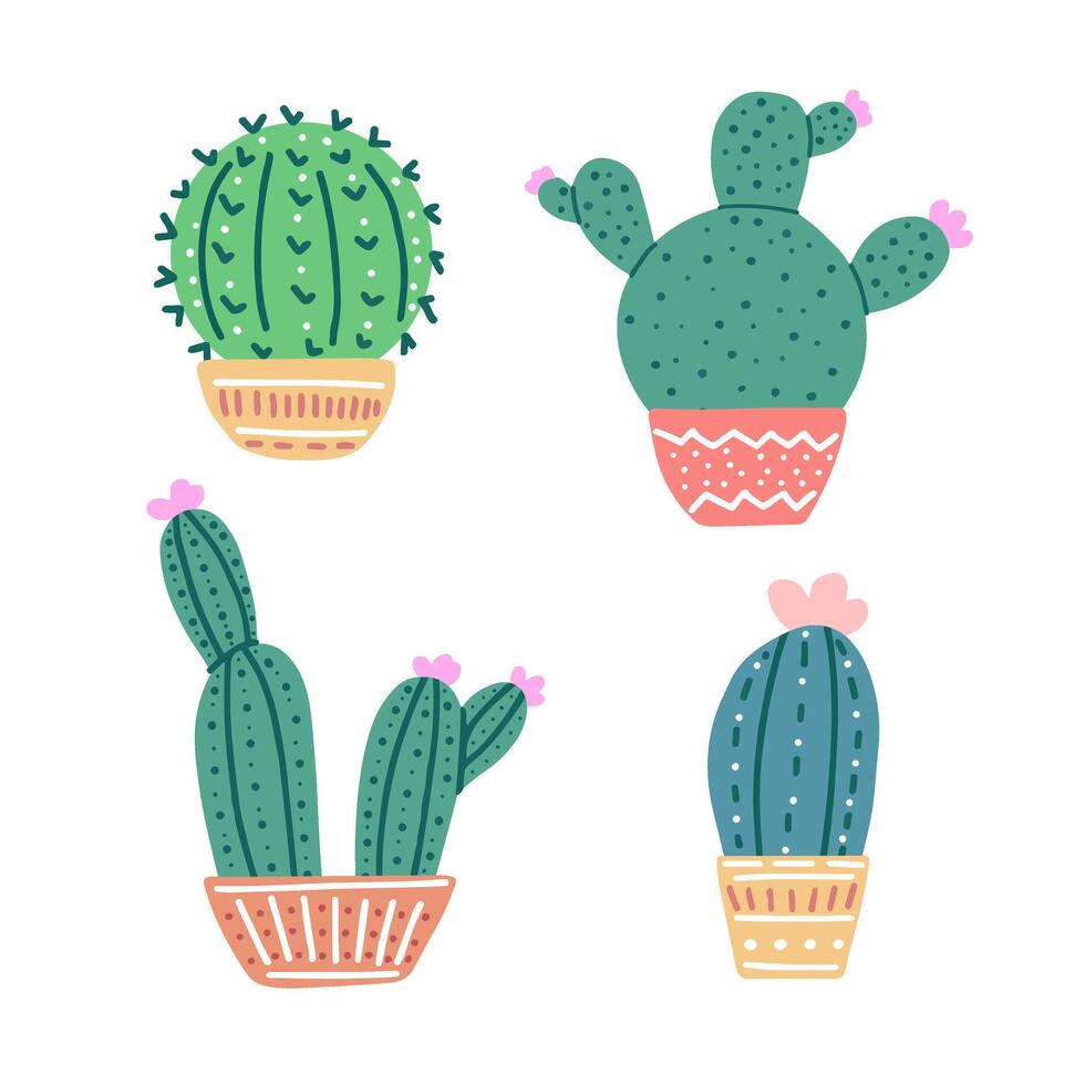 hand getekend vector cactussen reeks geïsoleerd Aan wit achtergrond. vlak stijl illustratie van doornig planten, bloeiend cactussen, sappig planten in kleurrijk keramisch potten. huis planten, Mexico cactus bloem.