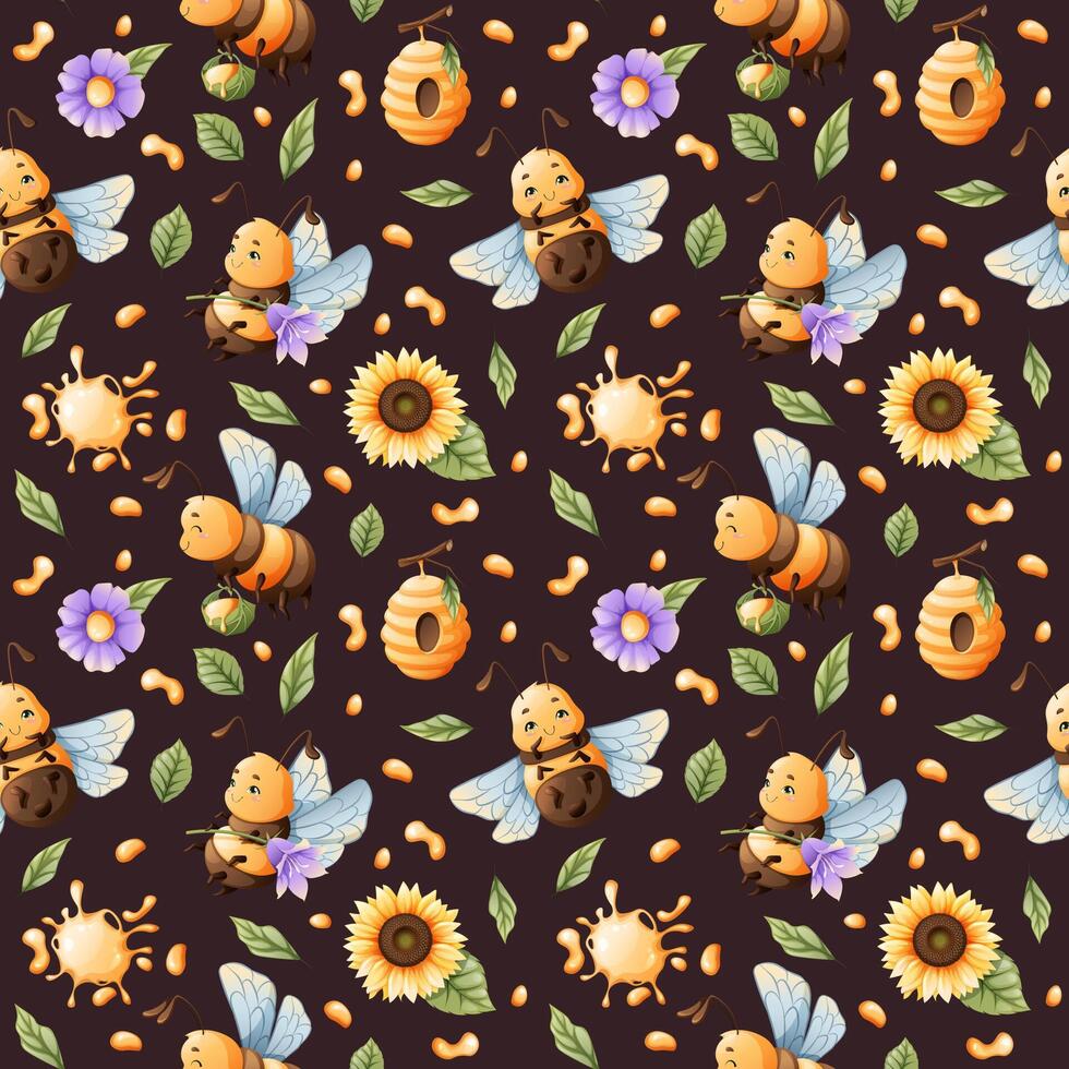 naadloos patroon met honing bijen met bloemen en honing. kinderen kleding stof ontwerp. zomer illustratie. zoet bij bloemen afdrukken. vector