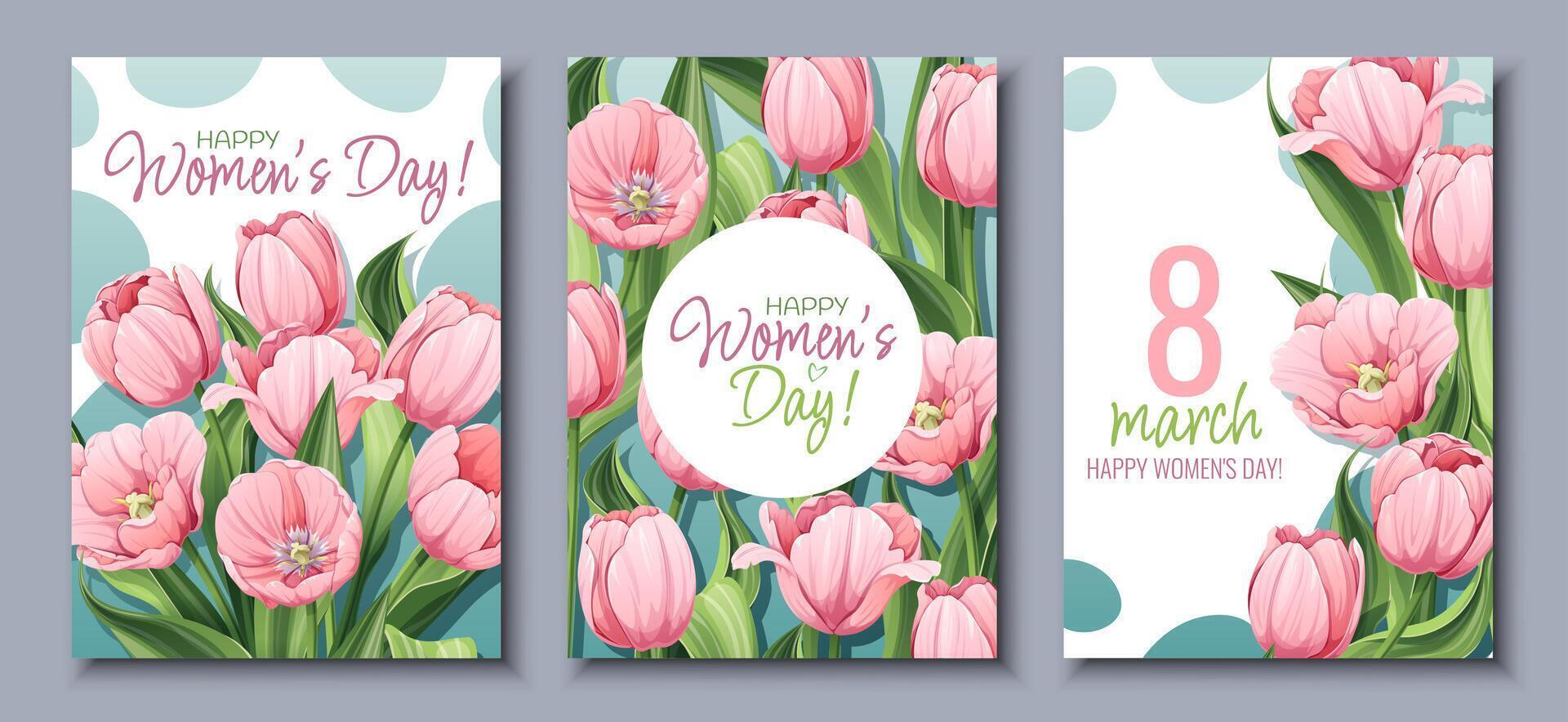 reeks van groet kaarten voor Internationale Dames s dag. poster met roze tulpen voor maart 8e. vector sjabloon met voorjaar boeket