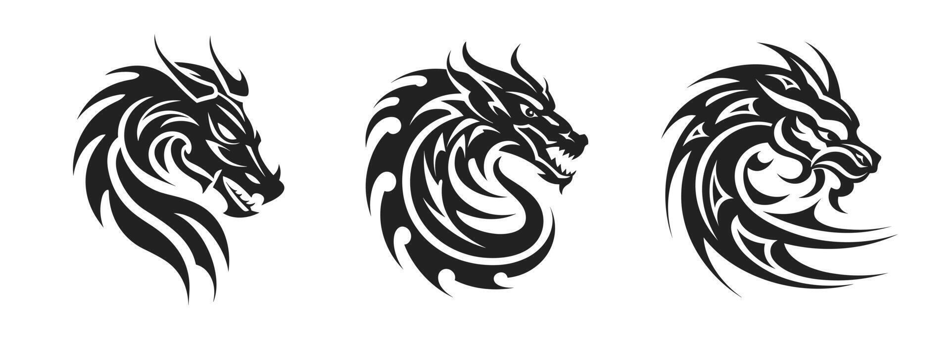 tribal tatoeëren van de draak hoofd silhouet ornament vlak stijl ontwerp vector illustratie reeks