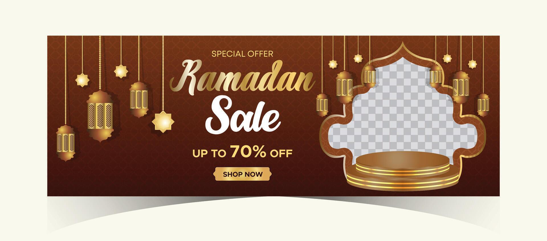 Ramadan kareem web achtergrond super uitverkoop banier met podium voor Scherm van Product. Ramadan mega groot uitverkoop Promotie poster en sociaal media na. Islamitisch speciaal aanbod Promotie banier ontwerp sjabloon vector