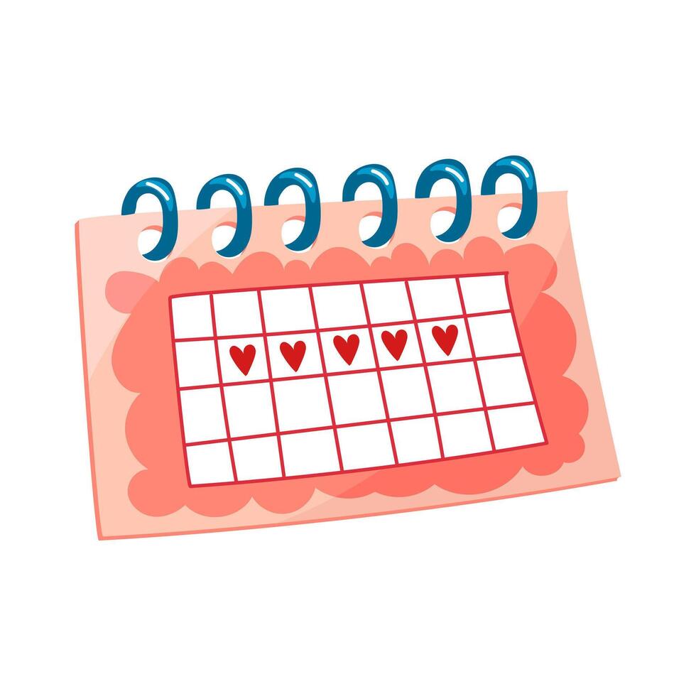 een geïsoleerd kalender tonen maandelijks periodes. vijf dagen van harten. roze kalender met merken. een papier notitieboekje Aan scharnieren met merken van vrouwen dagen. vector illustratie Aan een wit achtergrond