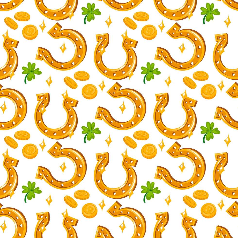 patroon is een gouden hoefijzer, munten en Klaver. vector naadloos patroon voor st. Patrick dag met groen klaver bladeren, goud munten en hoefijzers Aan een wit. vakantie verpakking voor mooi zo geluk