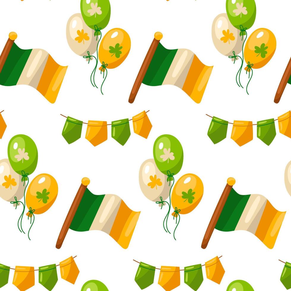 de st. Patrick dag patroon. vector naadloos achtergrond met Klaver bladeren, vlaggen, ballonnen, vlag. geschikt voor decoreren st. Patrick dag of de lente. voor decoratie van kleding stof, omhulsel papier