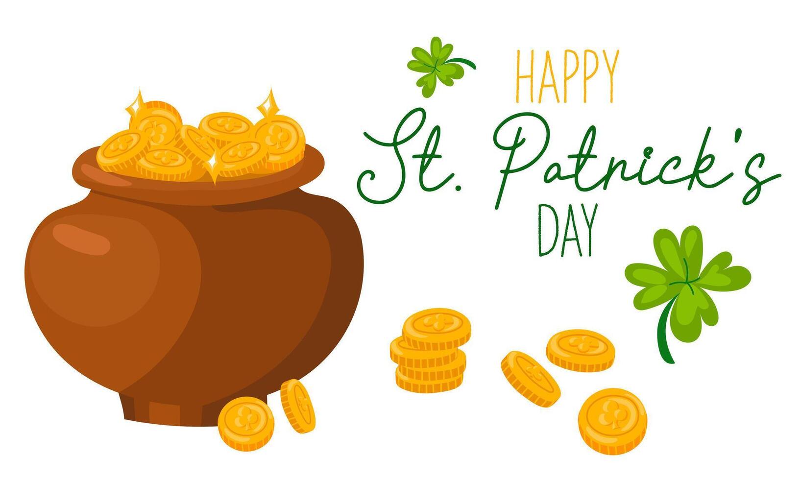 grappig gelukkig st. Patrick dag inscripties en een ketel met elf van Ierse folklore munten voor affiches, flyers, ansichtkaarten, uitnodigingen, stickers, spandoeken, geschenken. vector illustratie modern Ier. rechthoek