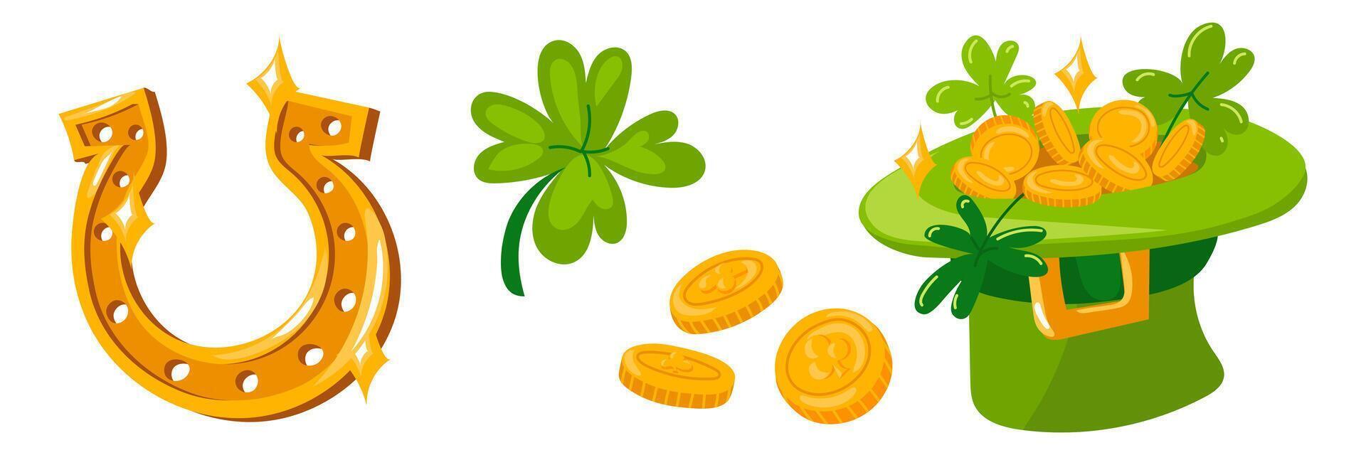 een hoed reeks met munten, Klaver en een gouden hoefijzer voor st. Patrick dag. geïsoleerd vector voorwerpen voor mooi zo geluk, voor rijkdom voor een vakantie. groen en goud zijn de hoofd kleuren van de Iers vakantie