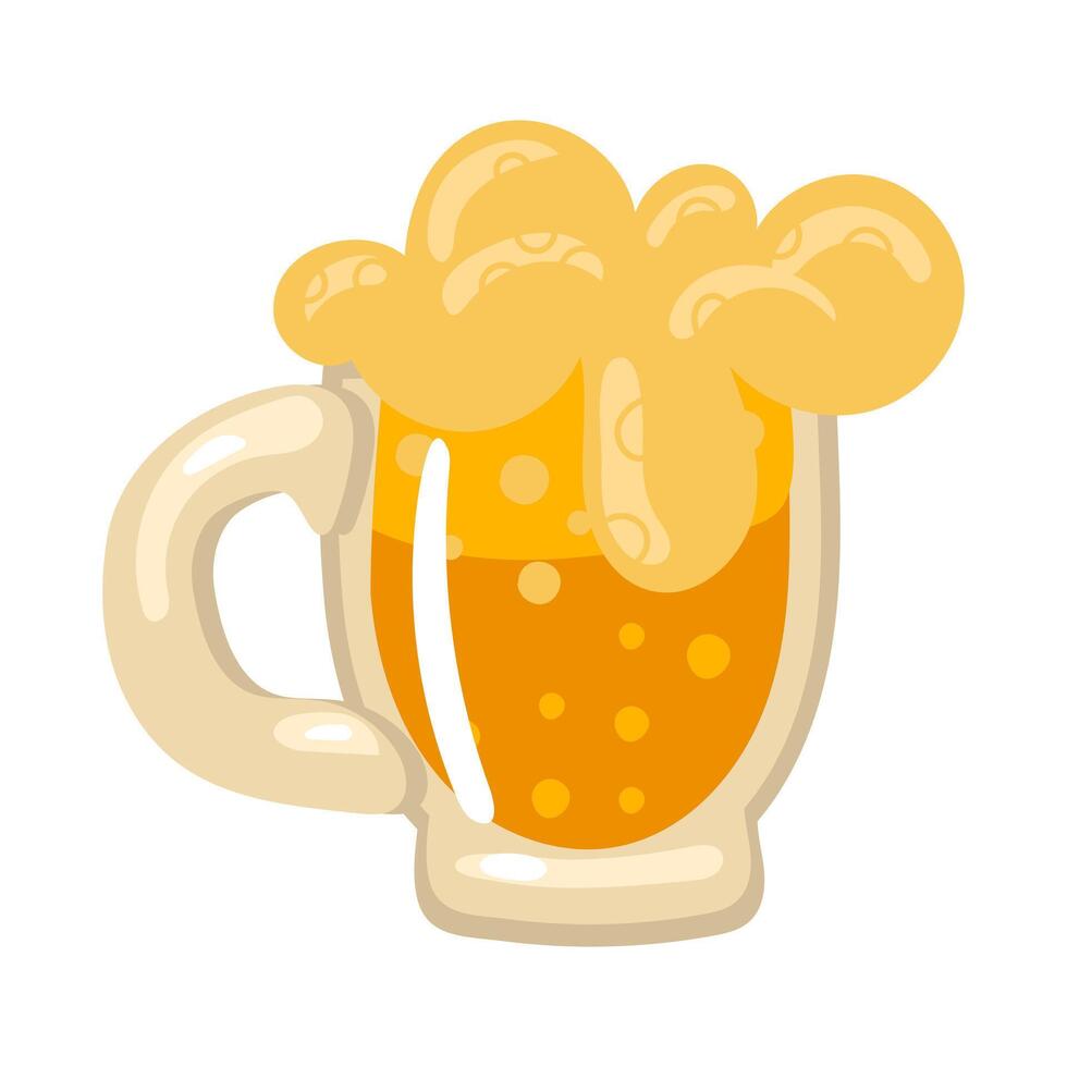 geel bier. glas mok van amber bier voor st. Patrick dag. een groot glas houder met gekleurde alcohol. schuimend bier met bubbels stromen uit van de mok, geïsoleerd Aan een wit achtergrond vector
