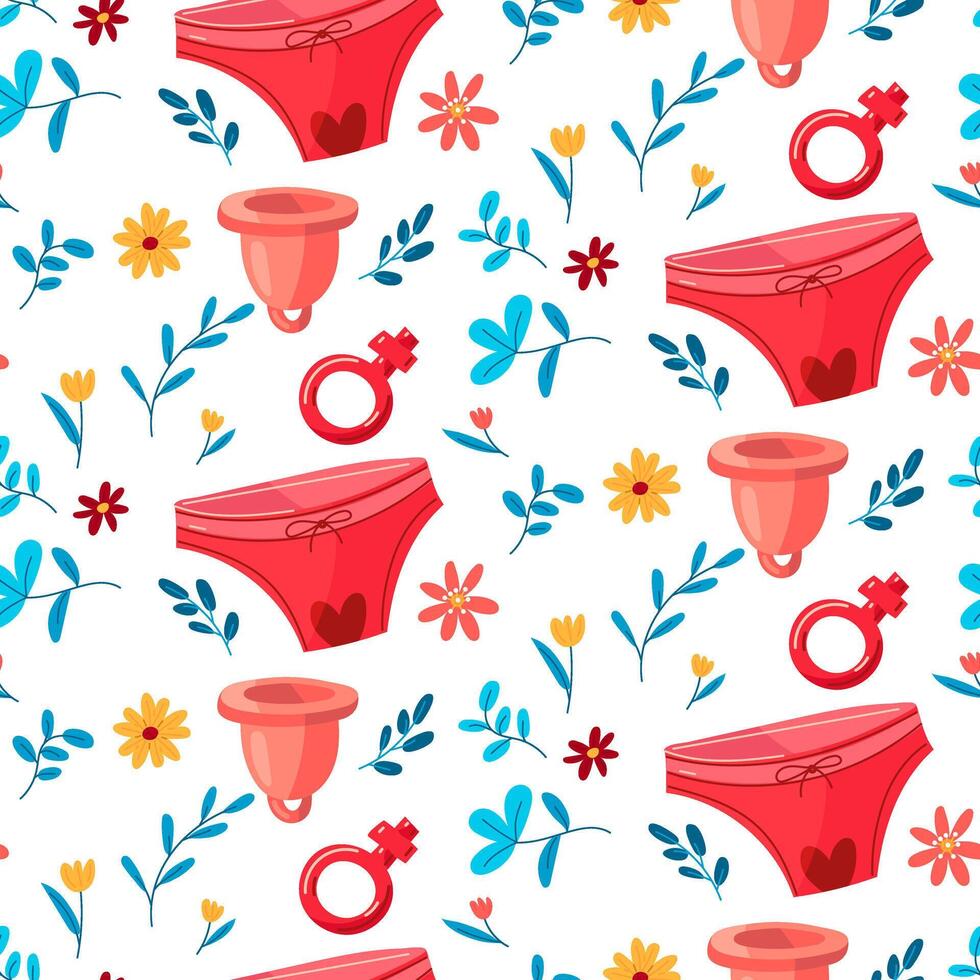 menstruatie patroon van slipje, menstruatie- beker, geslacht teken met bloemen en takken. de concept van een vrouw regelmatig menstruatie- fiets. menstruatie- periode, premenstrueel syndroom, vector