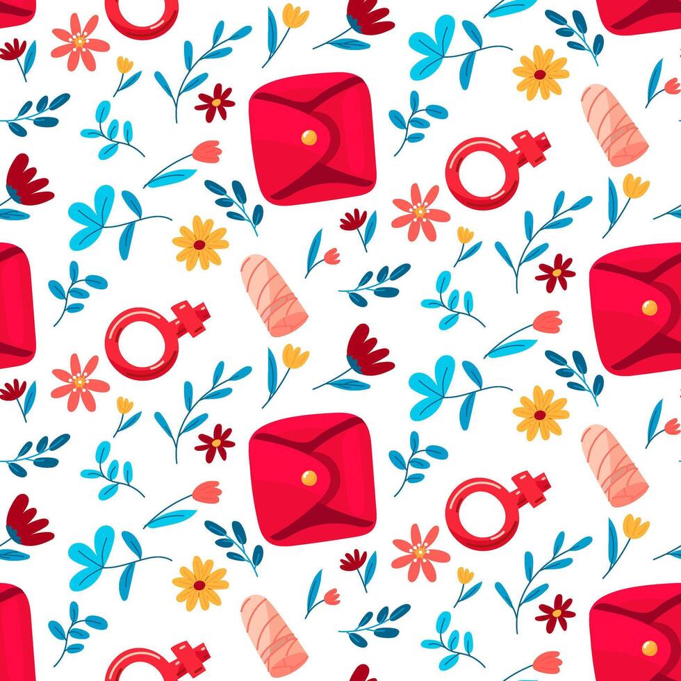 menstruatie patroon tampon, eco kussen, geslacht teken met bloemen en takken. de concept van een vrouw regelmatig menstruatie- fiets. menstruatie- periode, premenstrueel syndroom, vector illustratie
