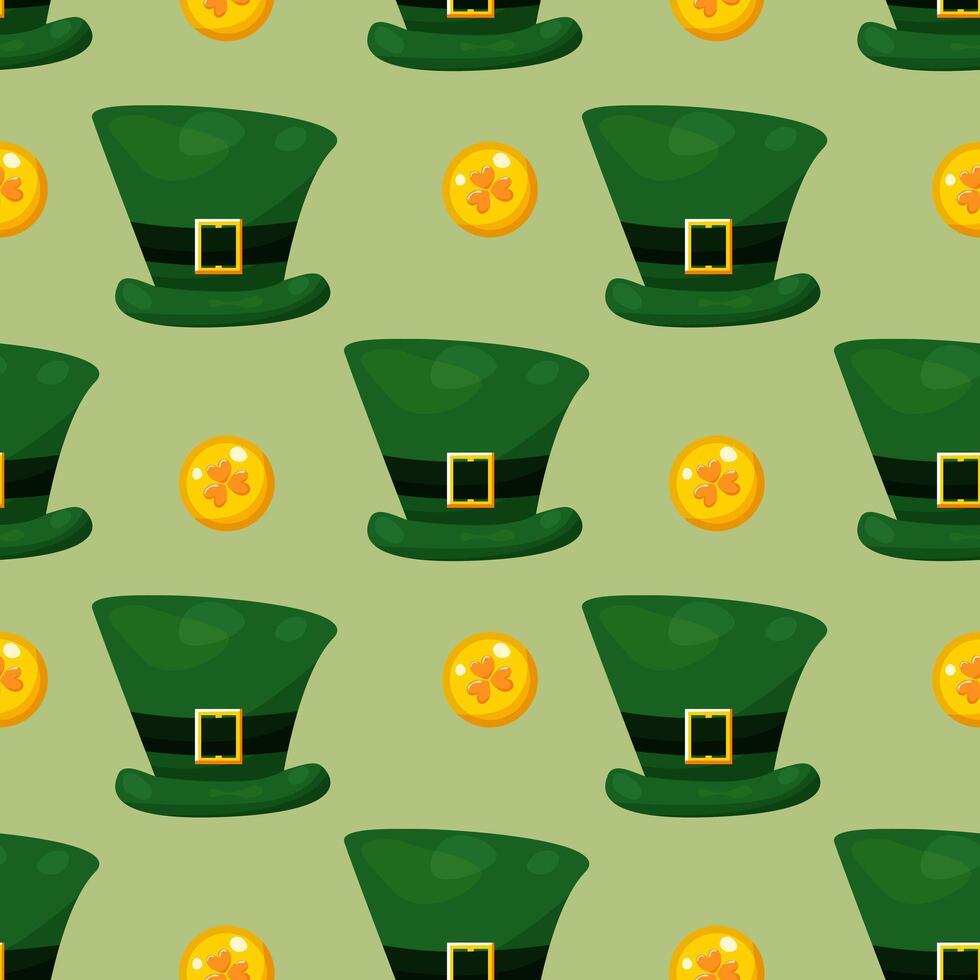 naadloos patroon voor st. Patrick dag met groen hoeden en goud munten Aan groen achtergrond. feestelijk patroon voor verpakking ontwerp, achtergrond en decor vector