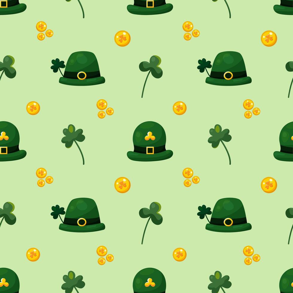 naadloos patroon voor st. Patrick dag met groen hoeden, goud munten en Klaver twijgen Aan groen achtergrond. feestelijk patroon voor verpakking ontwerp, achtergrond en decor vector