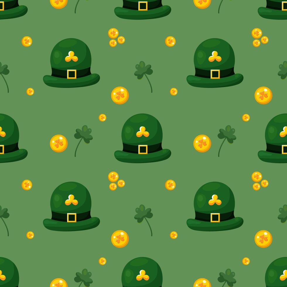 naadloos patroon voor st. Patrick dag met groen hoeden, goud munten en Klaver twijgen Aan groen achtergrond. feestelijk patroon voor verpakking ontwerp, achtergrond en decor vector