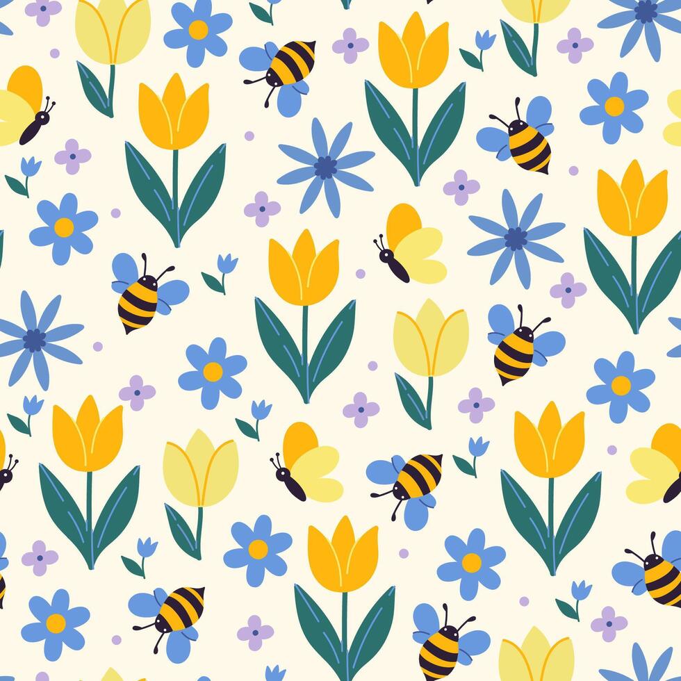 naadloos patroon met bijen, vlinders en bloemen. vector grafiek.