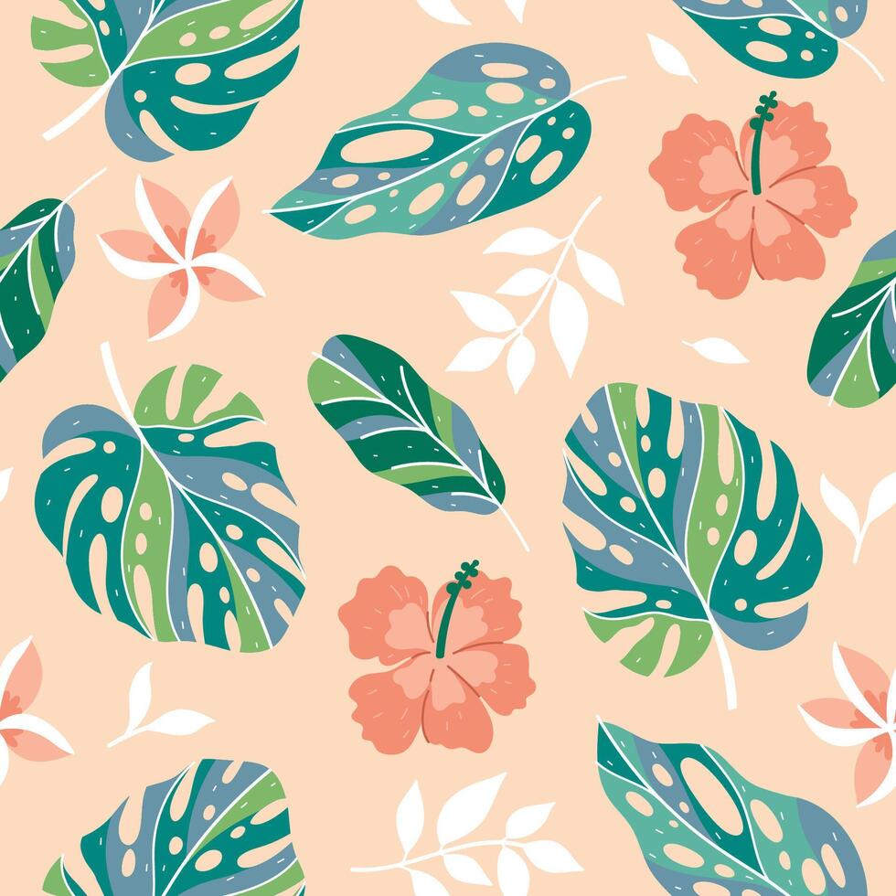 naadloos patroon met tropisch bloemen en bladeren. vector grafiek.