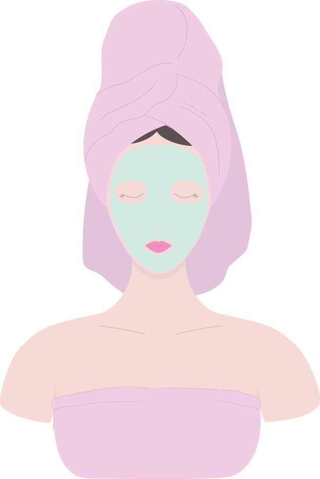 vrouw met gelaats klei masker in roze handdoek in badkamer. huis schoonheid routine. huis spa behandeling vector