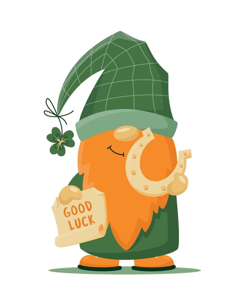 hand- getrokken schattig gnoom in st Patrick vermomming met hoefijzer en klaver. Iers gnoom voor mooi zo geluk. vector illustratie voor kaarten, decor, overhemd ontwerp, uitnodiging, banier