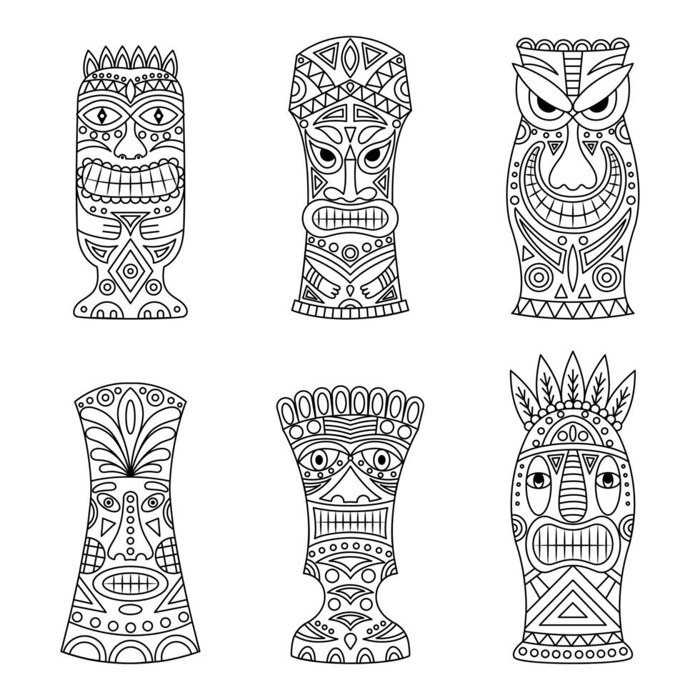 tiki idolen tekening lijn icoon set. ontwerp element voor logo, teken, label, poster. vector