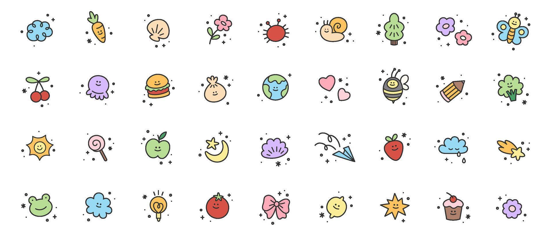 reeks van schattig kind pictogrammen. kinderachtig kattebelletje verzameling van zon, wolk, fruit, planeet, zoet, boom, bloem, hamburger, appel, citroen, zeeschelp, snoep, kers, taart, bij, slak, kikker, boog, hart, potlood vector