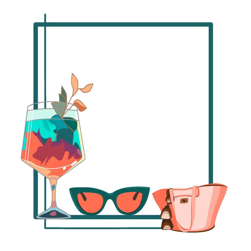 zomer kader met cocktail, en reizen accessoires vector