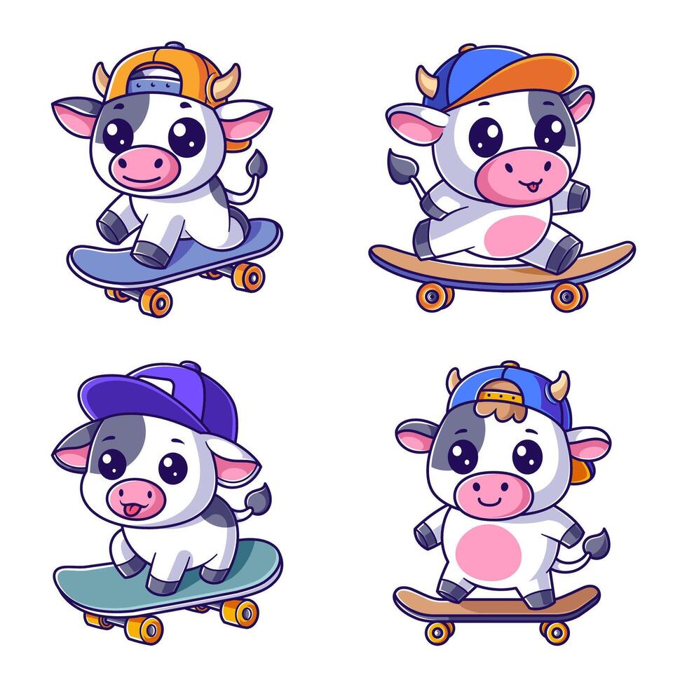 schattig koe spelen skateboard reeks vector