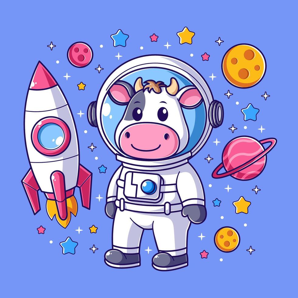 schattig koe vervelend astronaut pak met raket vector