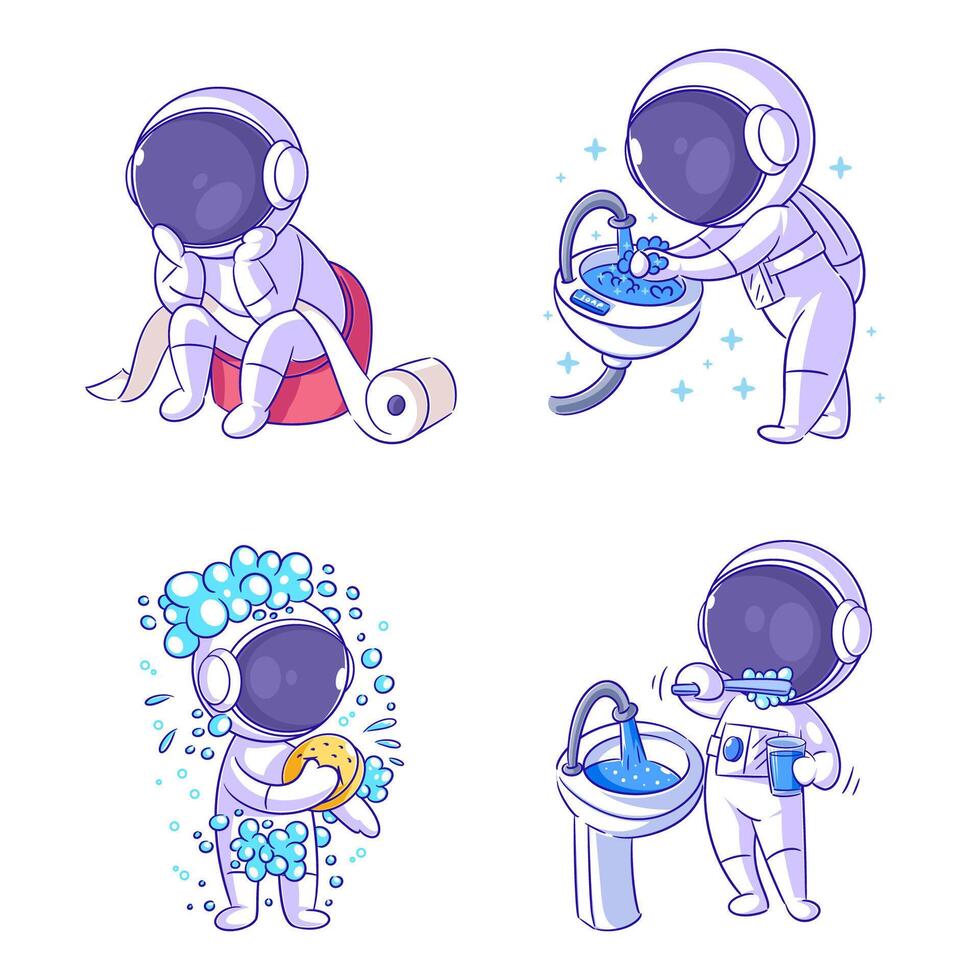 schattig astronaut schoonmaak lichaam, tekenfilm stijl reeks vector